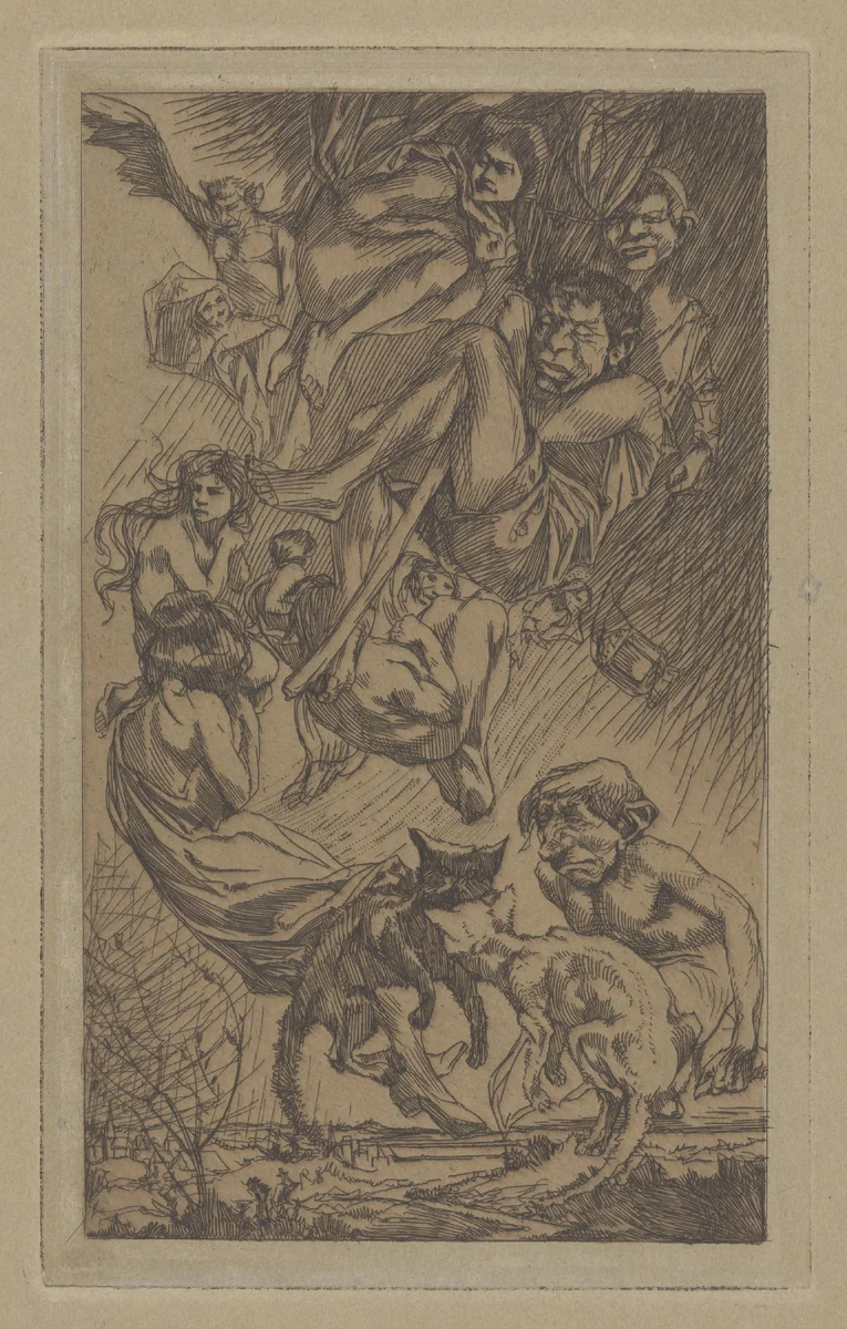 Zwevende mensen, fantasiewezens en katten by Johannes Josephus Aarts, print, 1881-1934