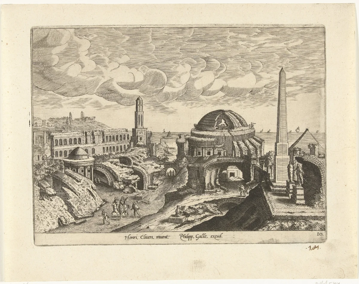 Landschap met ruïne van een tempel by Adriaen Collaert, print, 1587