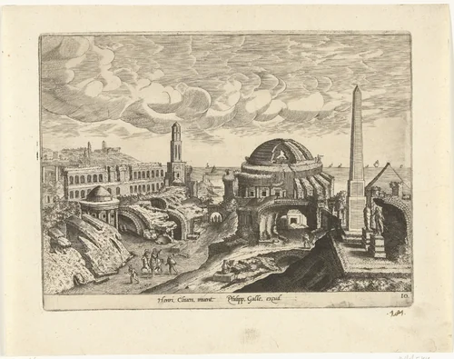 Landschap met ruïne van een tempel by Adriaen Collaert, print, 1587