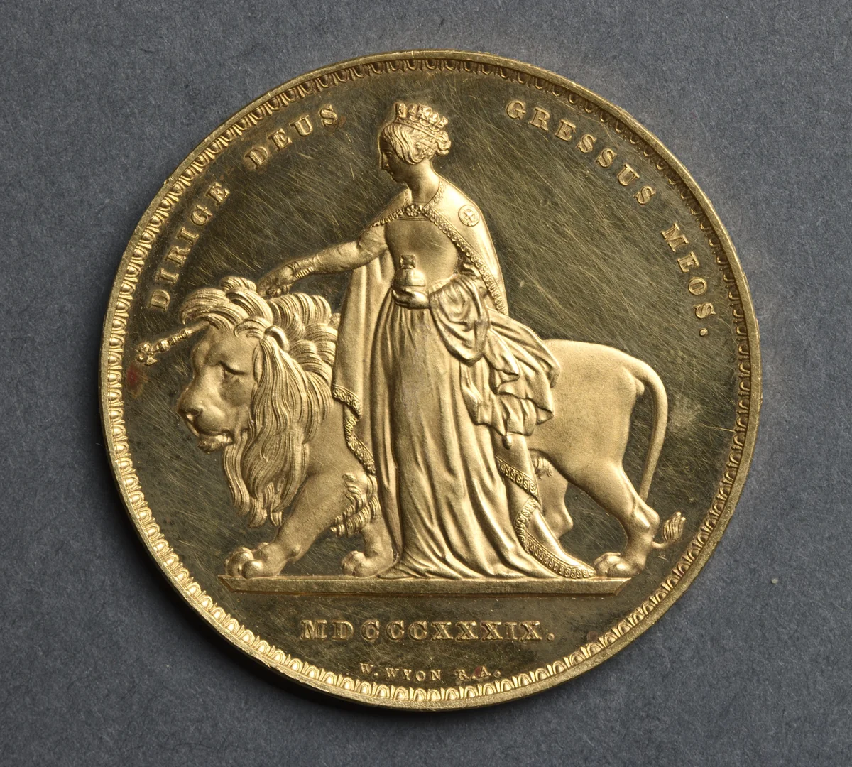 Five Pound Piece: Una, Guiding the Lion (reverse) by William Wyon, metalwork, 1839