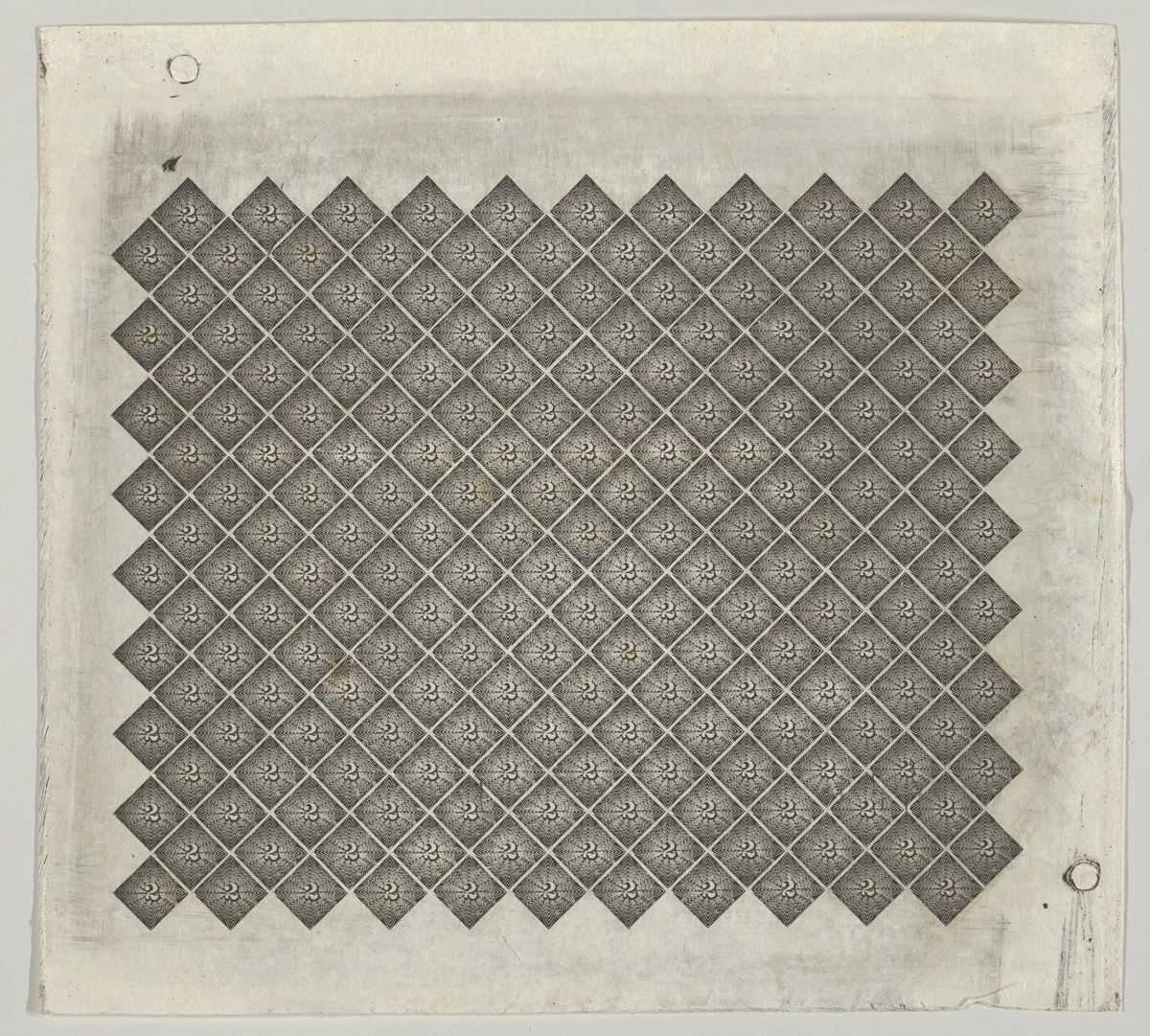 Banknote motif: panel of lathe work ornament composed of tiny 2s each set in a diamond surrounded by a star by Cyrus Durand, print, 1819-1847