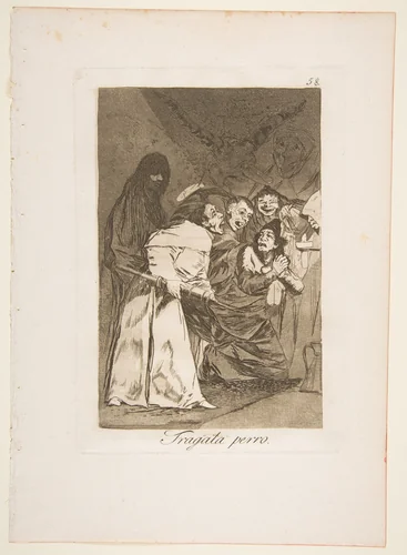 Plate 58 from "Los Caprichos": Swallow it, dog (Tragala perro) by Goya, print, 1799