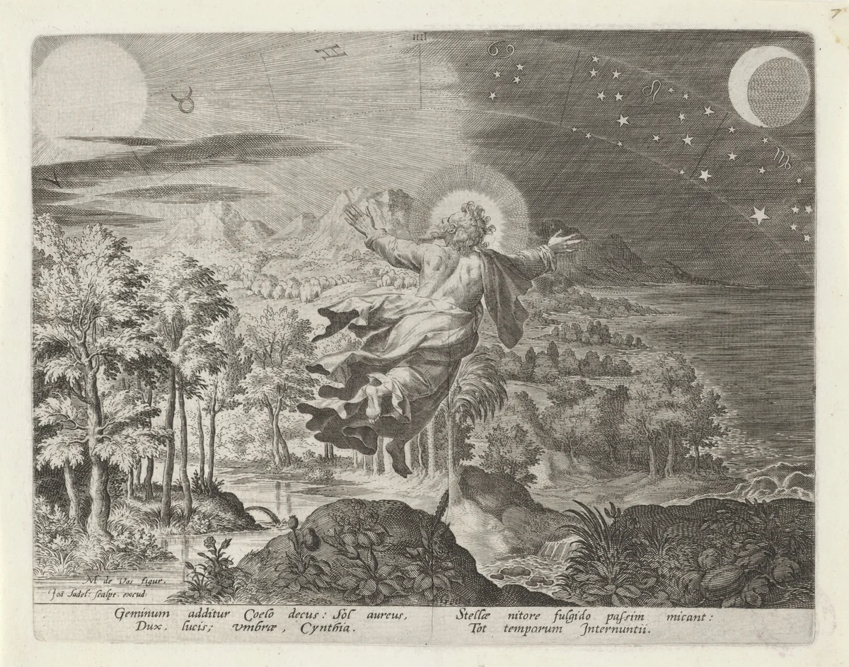 Schepping van de zon, de maan en de sterren by Unknown, print, 1588-1600