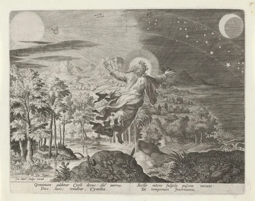 Schepping van de zon, de maan en de sterren by Unknown, print, 1588-1600