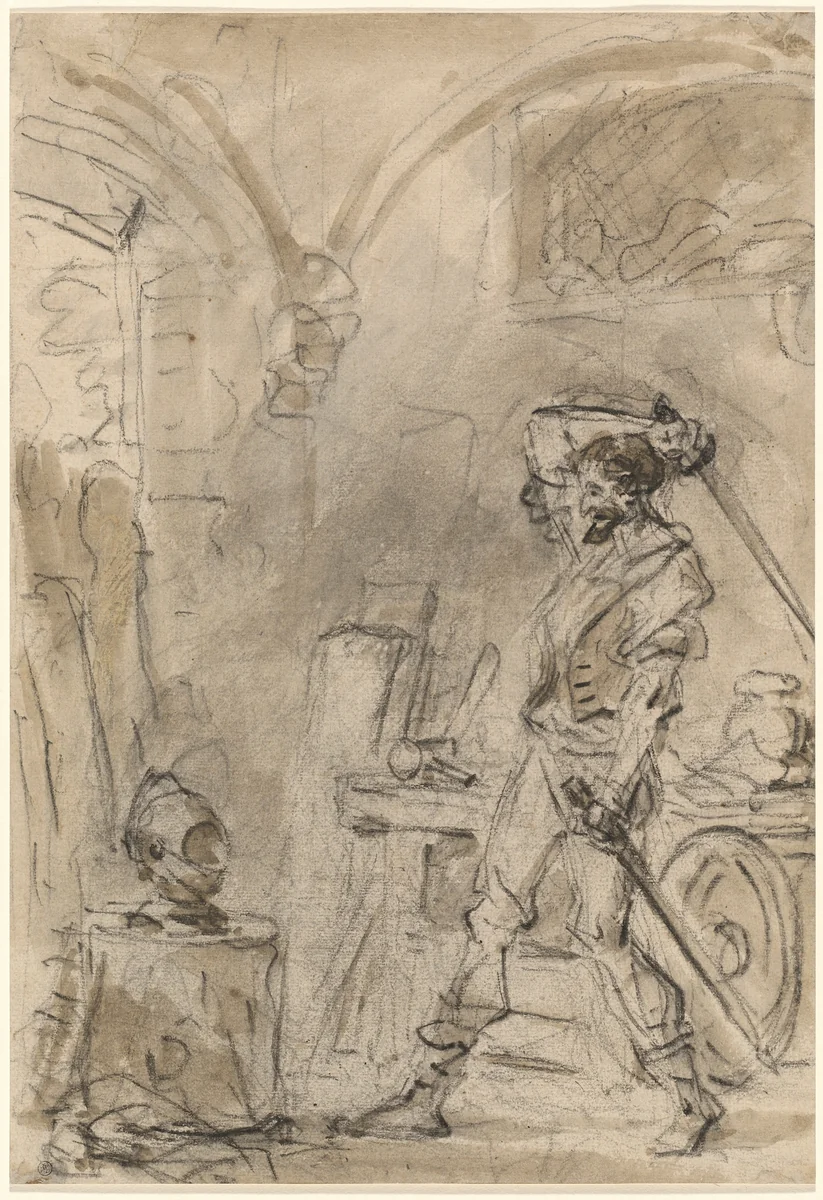 Don Quixote about to Strike the Helmet by Jean Honoré Fragonard, drawing, 1780-1789