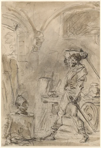 Don Quixote about to Strike the Helmet by Jean Honoré Fragonard, drawing, 1780-1789