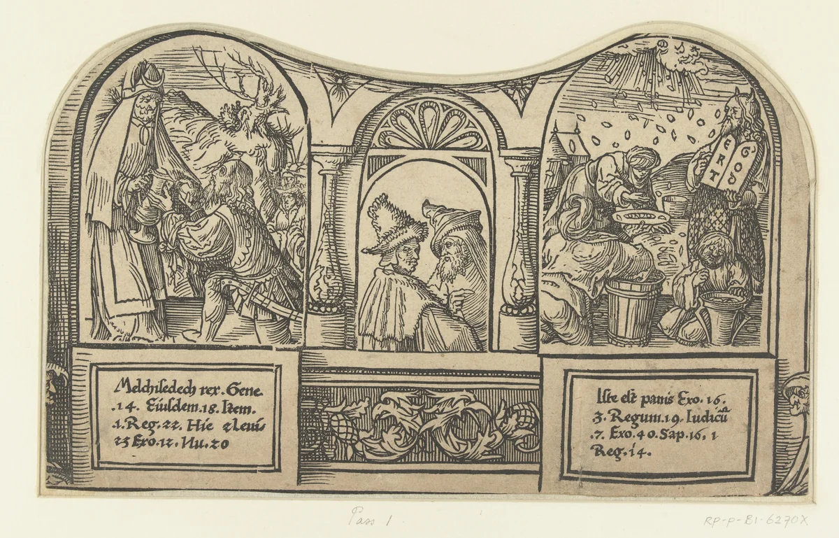 Ontmoeting van Abraham en Melchisedek en het verzamelen van het manna by Unknown, print, 1518-1522