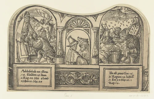 Ontmoeting van Abraham en Melchisedek en het verzamelen van het manna by Unknown, print, 1518-1522