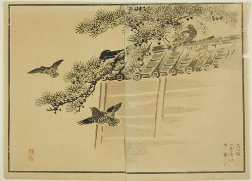 Three Kinds of Birds by a Wall by anonymous, print, 1855-1865