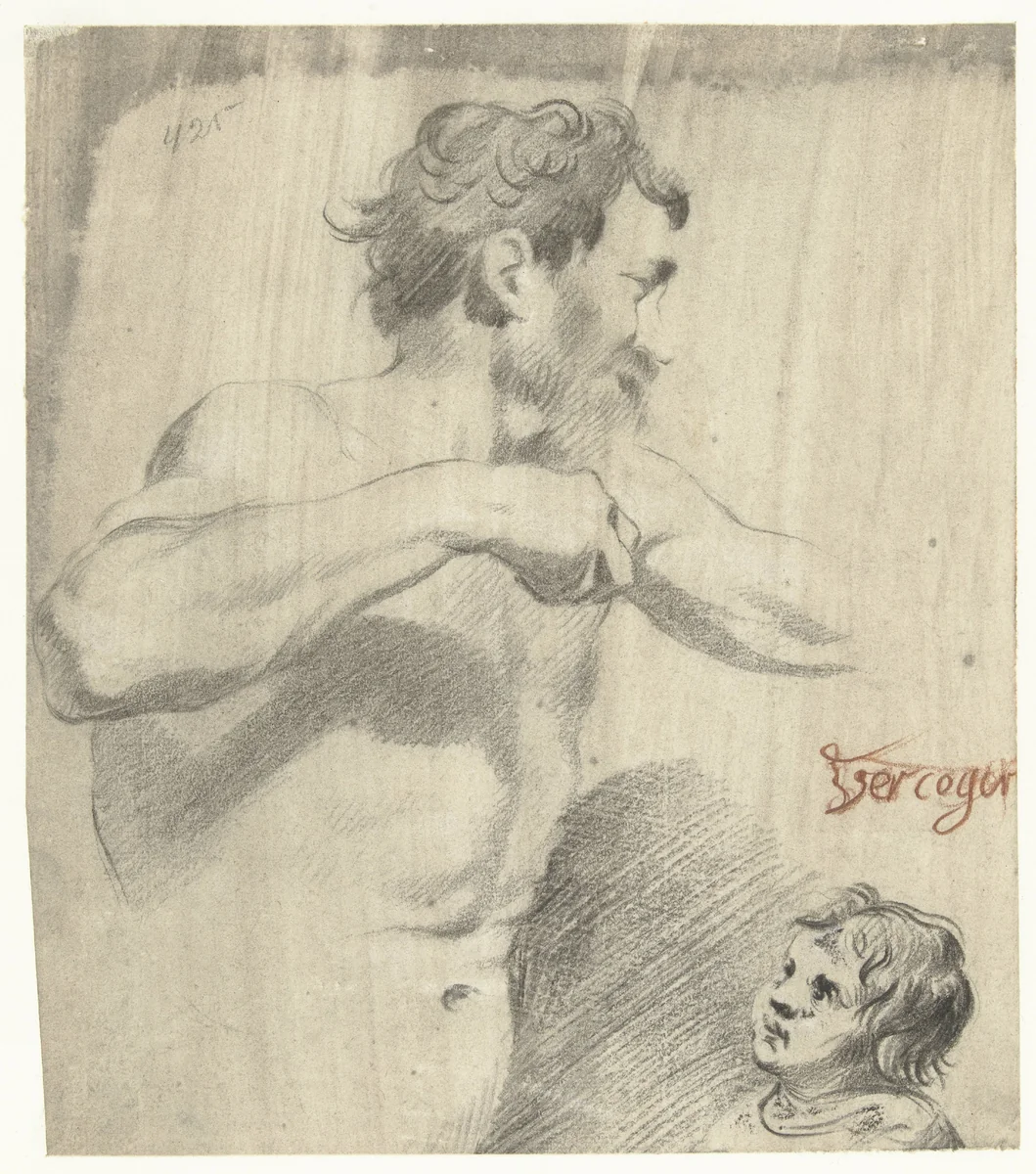 Studie van een naakte man en een jongetje by Leendert van der Cooghen, drawing, 1642-1681