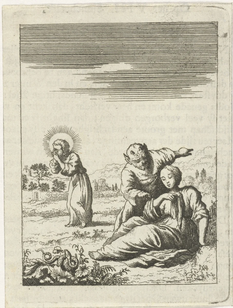 Duivel draagt de gepersonifieerde ziel op om Christus te verlaten by Jan Luyken, print, 1678