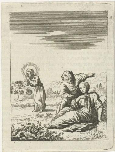 Duivel draagt de gepersonifieerde ziel op om Christus te verlaten by Jan Luyken, print, 1678