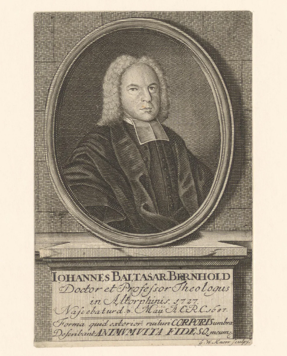 Portret van Johann Balthasar Bernhold by Georg Wolfgang Knorr, print, 1727-1761