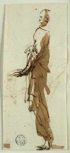 Standing Draped Figure in Profile (recto); Massacre of the Innocents (verso) by Salvator Rosa, drawing, 1635-1673
