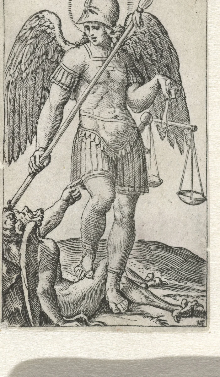 Aartsengel Michaël staand op duivel met speer en weegschaal by Unknown, print, 1500-1527