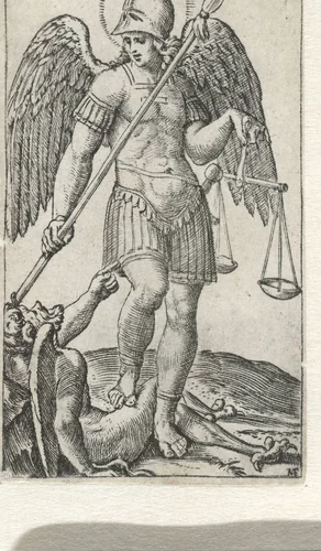 Aartsengel Michaël staand op duivel met speer en weegschaal by Unknown, print, 1500-1527