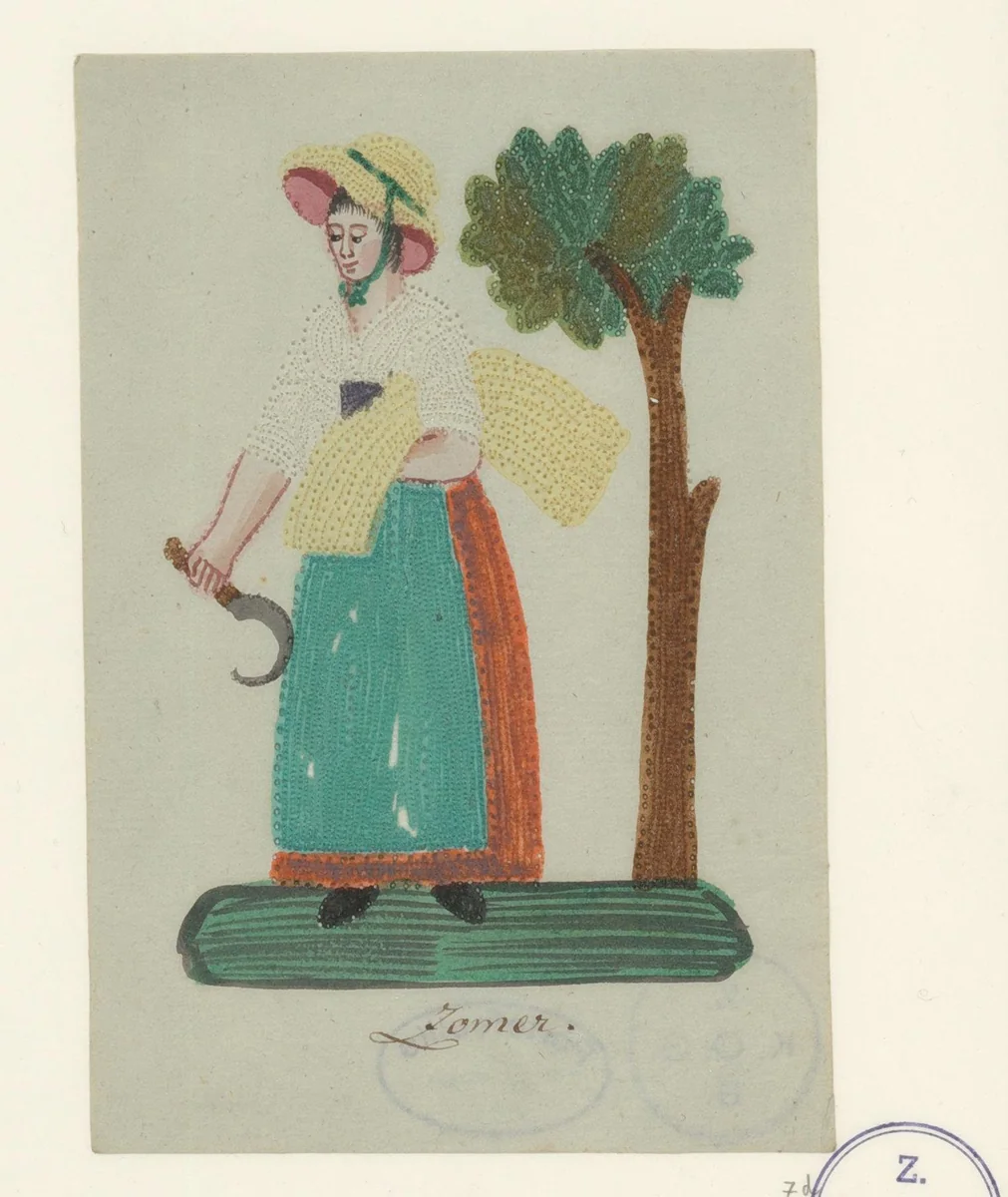 Vrouw met zeis en korenhalm bij een bloeiende boom by anonymous, drawing, 1800-1899