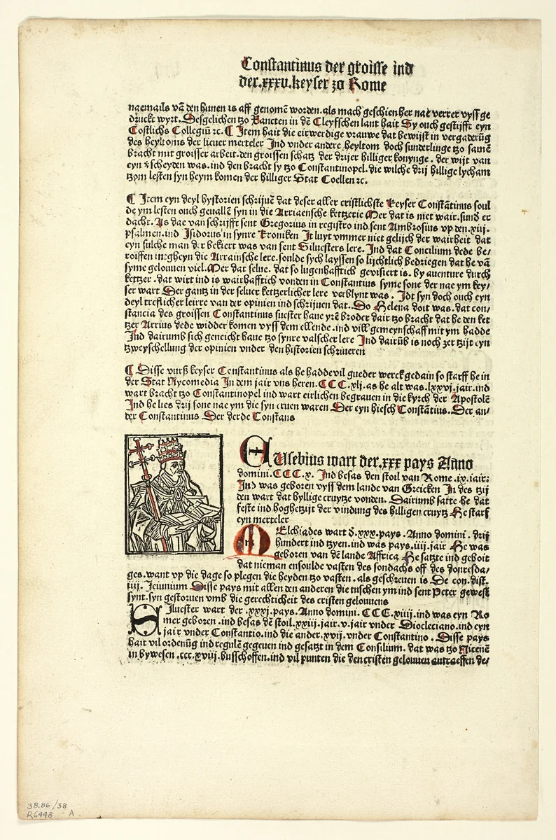 Pope Miltiades (recto) and Saint Gereon's Basilica (verso) from Koelner Chronik (Cologne Chronicle), Plate 38 from Woodcuts from Books of the 15th Century by Johann Kœlhoff the Younger, print, 1499