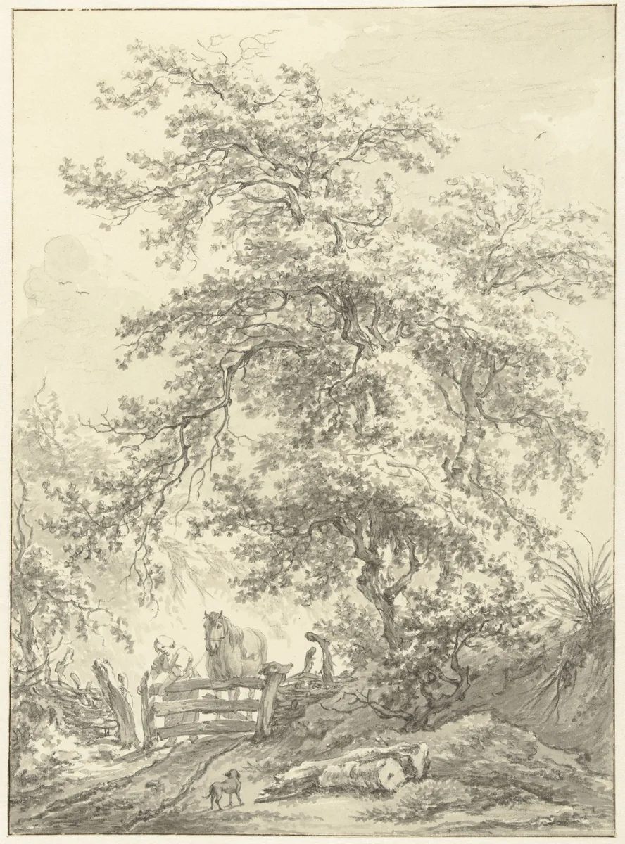 Vrouw met paard bij hek onder grote boom by Egbert van Drielst, drawing, 1755-1818