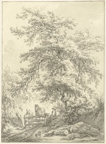 Vrouw met paard bij hek onder grote boom by Egbert van Drielst, drawing, 1755-1818