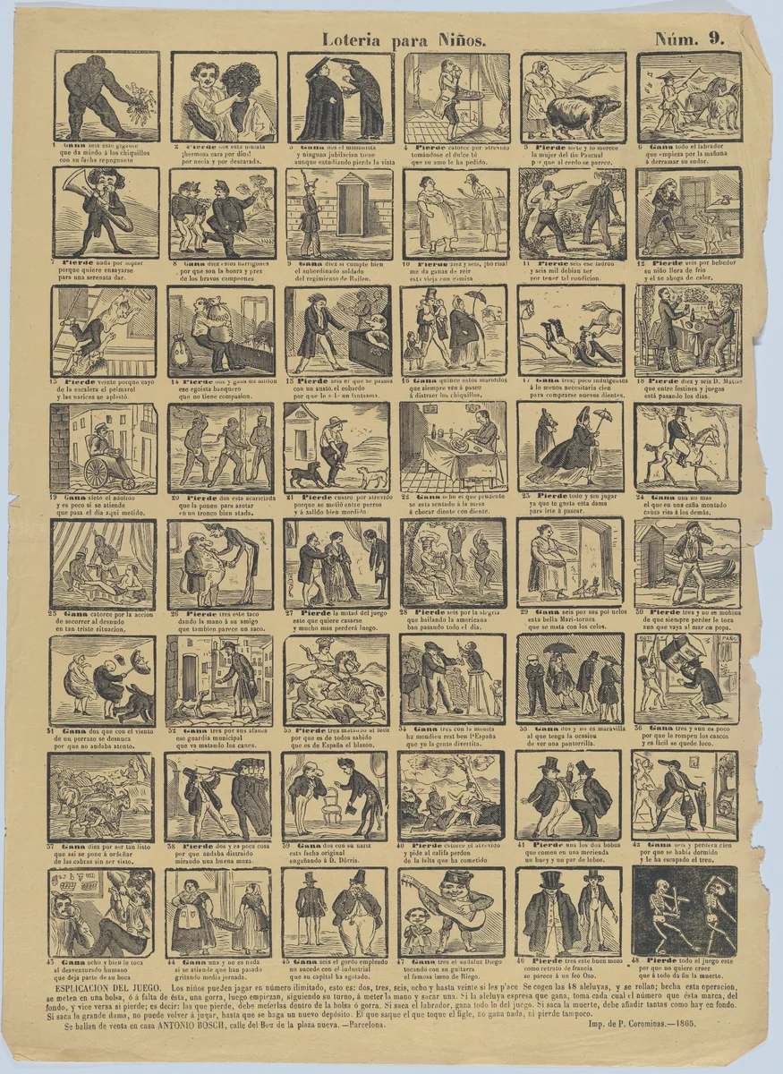 A game for children with 48 scenes by Antonio Bosch, print, 1865