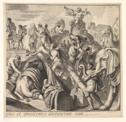 Aanbidding der Koningen (rechterdeel) by Jean A. Le Poutre, print, 1680-1700