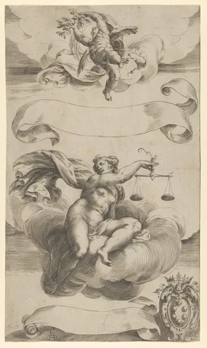 An Allegory of Truth and Justice; a naked woman in the center seated on a cloud holding a set of scales, a putto above, the Medici Coat of Arms at lower right by Cherubino Alberti, print, 1628