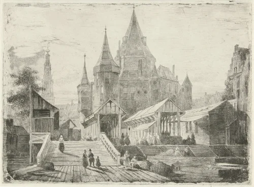 Gezicht op de Nieuwmarkt te Amsterdam by Lambertus Hardenberg, print, 1849