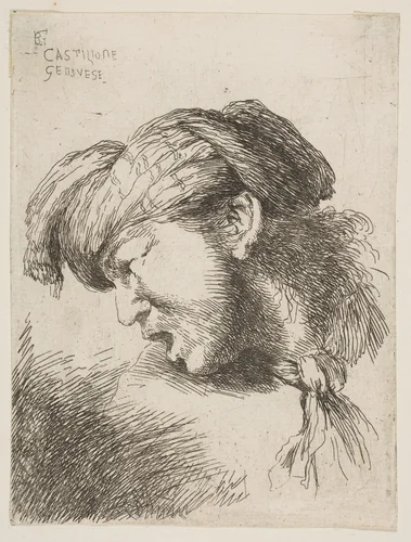 Man wearing a turban, a tie fastened around his neck, facing left, from "Small Heads in Oriental Headdress" by Giovanni Benedetto Castiglione, print, 1645-1650