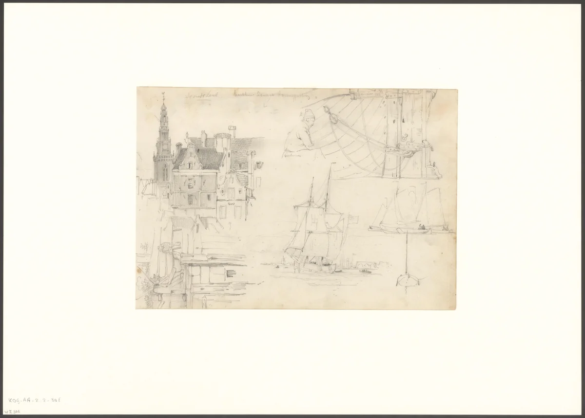 Compositie met schepen en gezicht op de Haringpakkerij en de Oudekerkstoren by Willem Anthonie van Deventer, drawing, 1834-1893