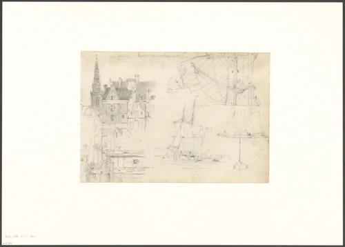 Compositie met schepen en gezicht op de Haringpakkerij en de Oudekerkstoren by Willem Anthonie van Deventer, drawing, 1834-1893