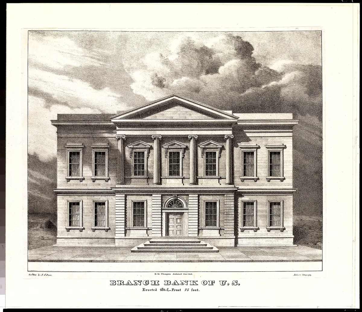 The Branch Bank of the United States, Wall Street, New York, Erected in 1825 (from Views of the Public Buildings in the City of New York Correctly Drawn on Stone by A. J. Davis, 1827) by Anthony Imbert, print, 1826-1828