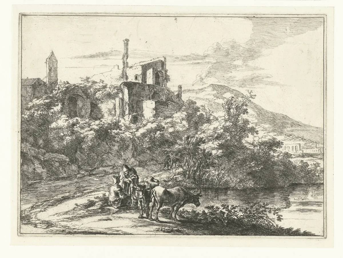 Twee koeien bij het water bij Tivoli by Jan Both, print, 1644-1652