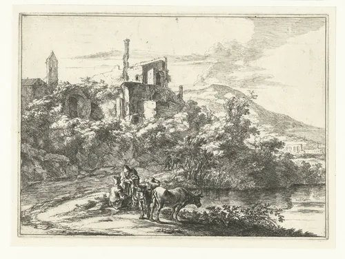 Twee koeien bij het water bij Tivoli by Jan Both, print, 1644-1652