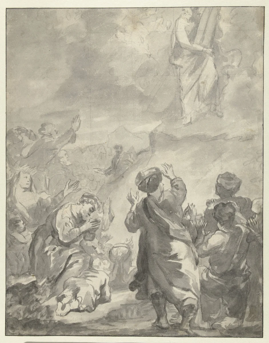 Moses Descending from Mount Sinai with the Ten Commandments by Ferdinand Bol, drawing, 1664