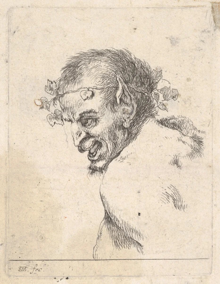 Bust of a laughing satyr, facing left in profile, plate 29 from "Various Portraits" (Recueil de diverses pièces servant à l'art de portraiture) by Stefano della Bella, print, 1645-1650