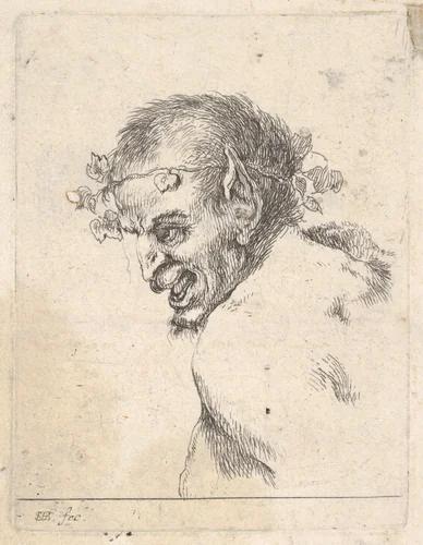 Bust of a laughing satyr, facing left in profile, plate 29 from "Various Portraits" (Recueil de diverses pièces servant à l'art de portraiture) by Stefano della Bella, print, 1645-1650