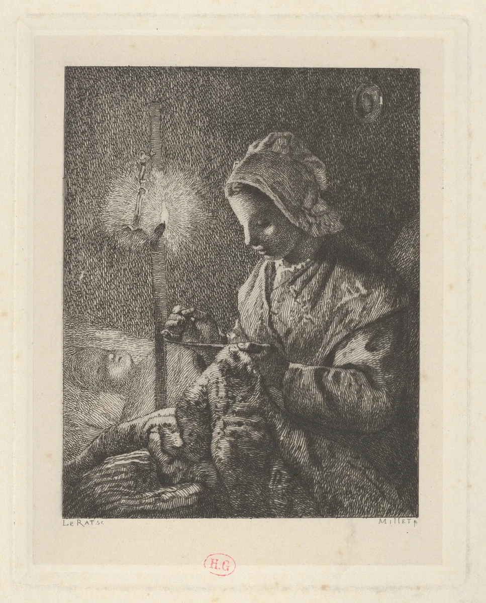 Sewing by Lamplight by Jean-François Millet, print, 1868-1878