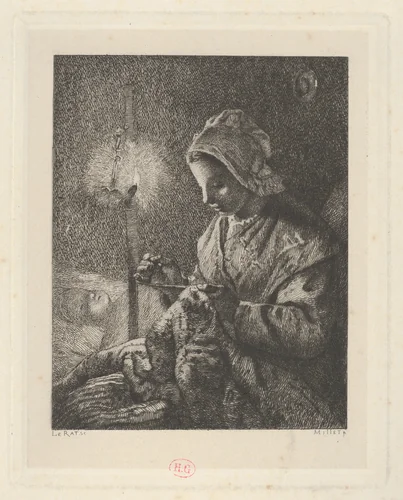 Sewing by Lamplight by Jean-François Millet, print, 1868-1878