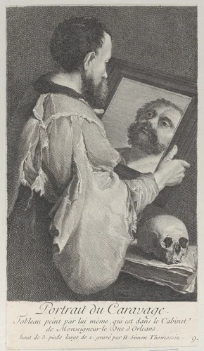 Portrait of Caravaggio, turned to the right and looking at his reflection in a mirror by Henri-Simon Thomassin, print, 1707-1741