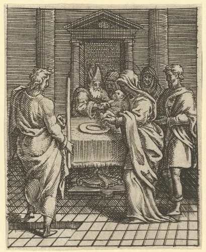 Virgin of Sorrows: The Presentation in the Temple; one of nine surrounding compartments from the Virgin of Sorrows, now separated by Giorgio Ghisi, print, 1520-1582