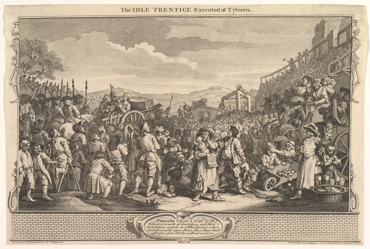 The Idle 'Prentice Executed at Tyburn: Industry and Idleness, plate 11 by William Hogarth, print, 1747