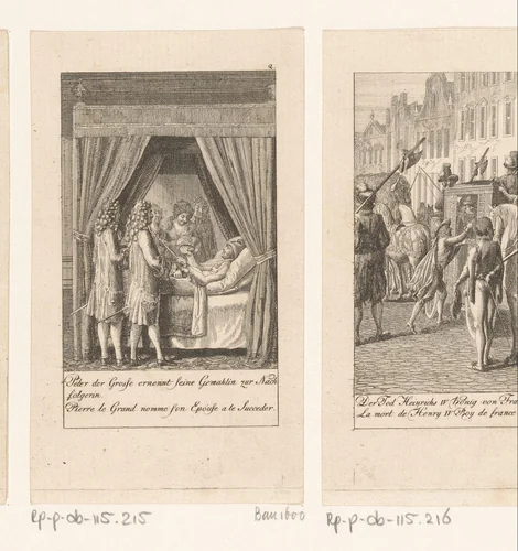 Peter de Grote wijst Catharina op zijn sterfbed aan als zijn opvolgster by Daniel Nikolaus Chodowiecki, print, 1792