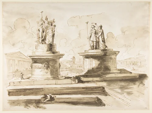 Two sculptures on pedestals by Felice Giani, drawing, 1758-1823