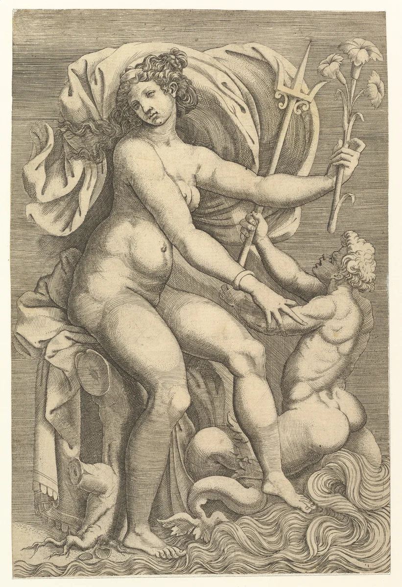 Thetis Seated with a Triton by anonymous, print, 1500-1599