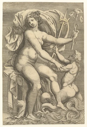 Thetis Seated with a Triton by anonymous, print, 1500-1599