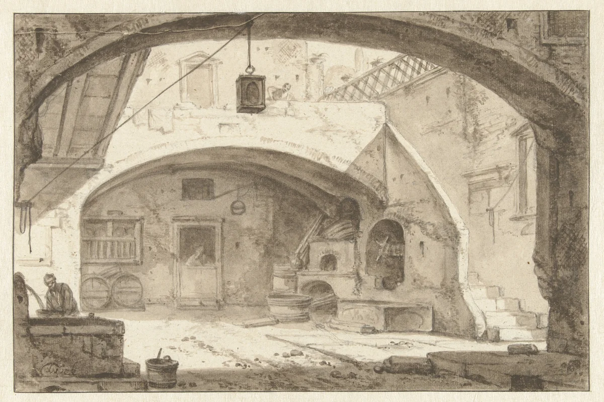Italiaanse binnenplaats met een bakkerij by Thomas Wijck, drawing, 1644-1653