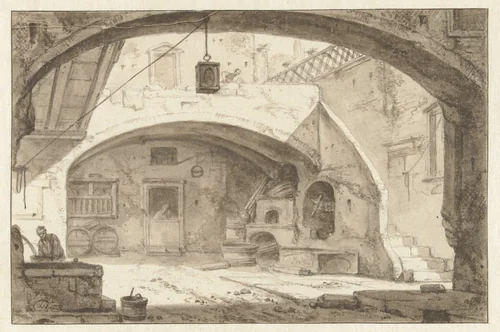 Italiaanse binnenplaats met een bakkerij by Thomas Wijck, drawing, 1644-1653