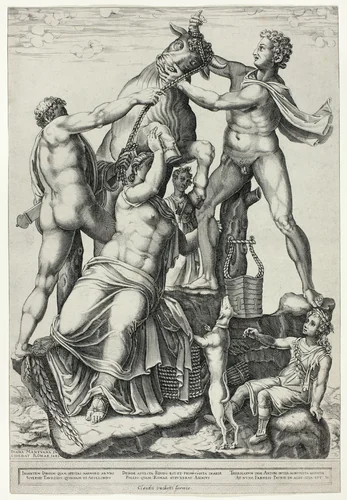 The Farnese Bull with Dirce, Zethus and Amphion by Diana Scultori, print, 1581