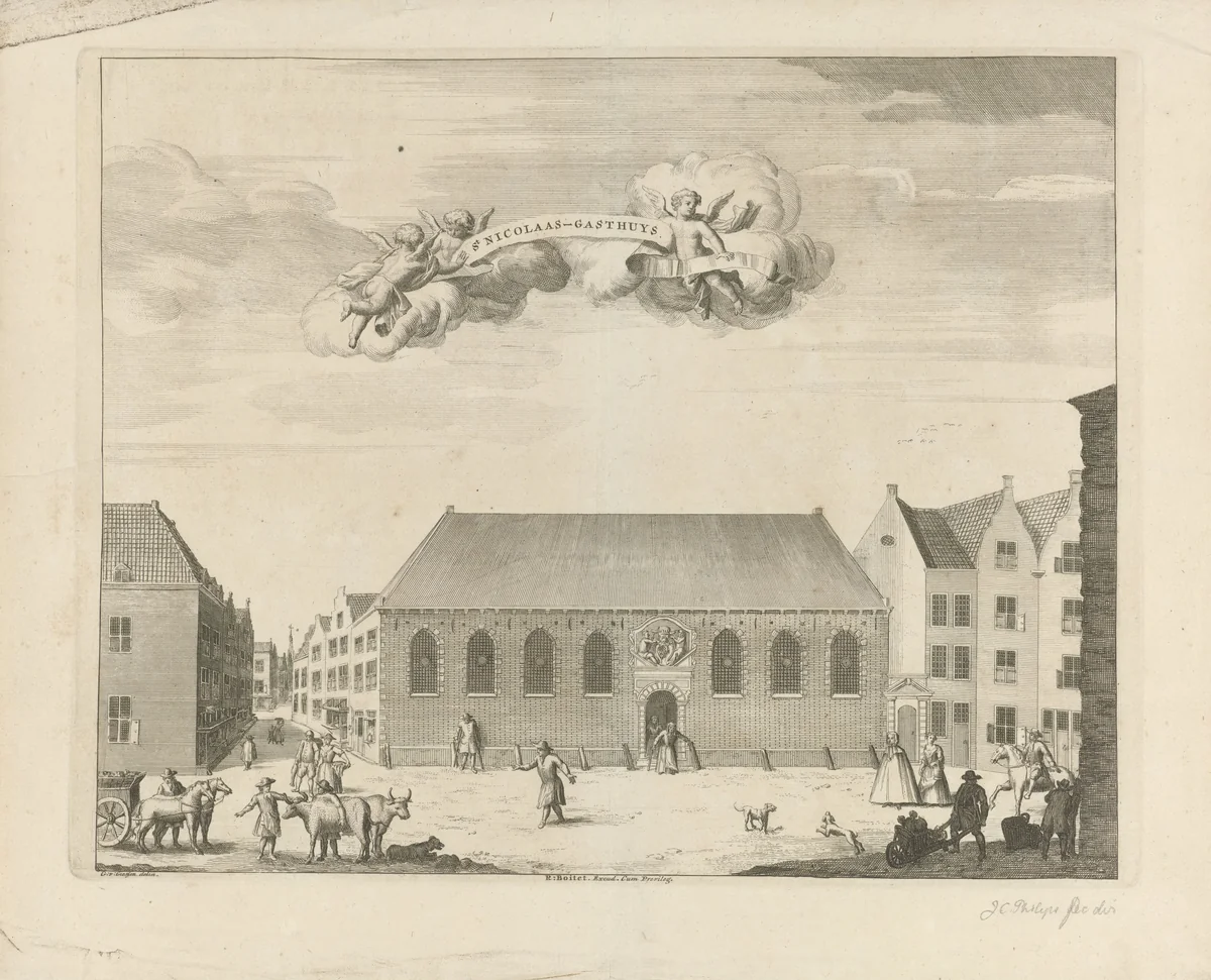 Gezicht op het Sint-Nicolaas Gasthuis te Den Haag by anonymous, print, 1730-1736